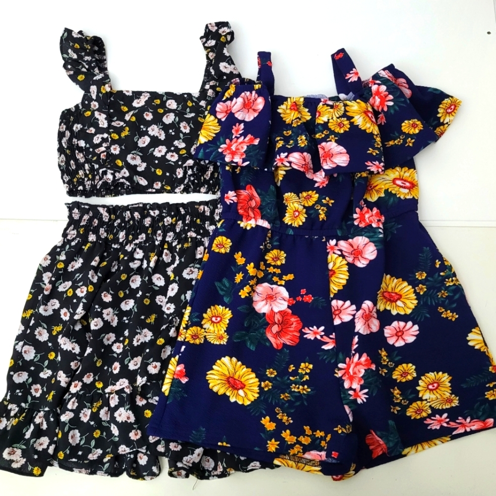 Shein Bundle Girls Floral Romper and Floral Top and Skirt.